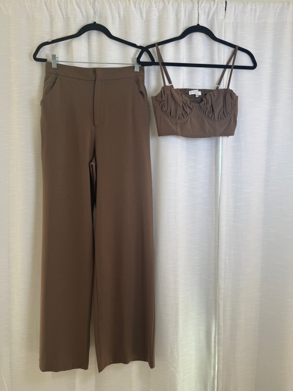 Emory Park Brown Matching Set Wide Leg Pants Ruched Crop Top Chic | Size S + M - Picture 4 of 17